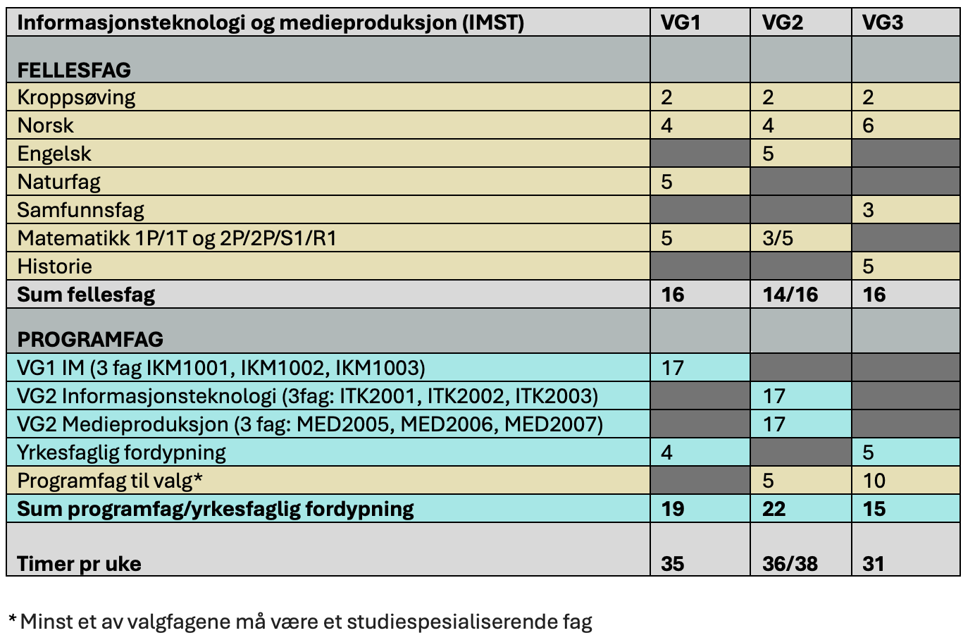 Fag og timefordeling IMST