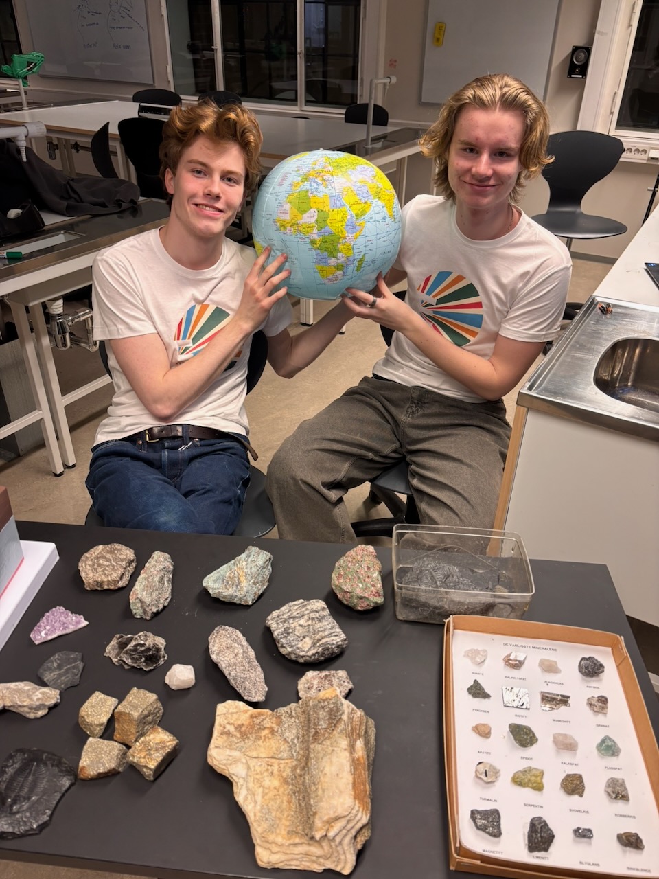 et par barner som poserer for et bilde med en globus og kjeks