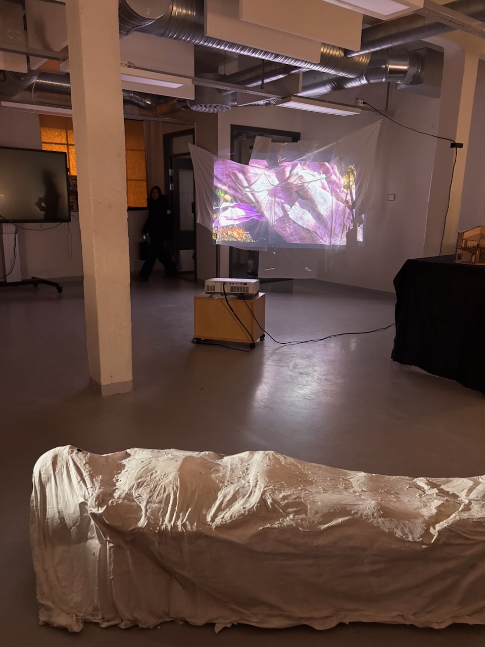 et rom med stor skjerm og en person som står bakerst