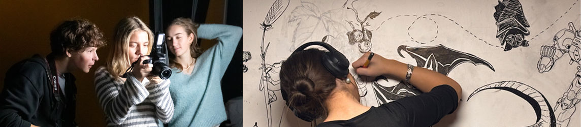 en gruppe mennesker som sitter og står foran en vegg med kunst