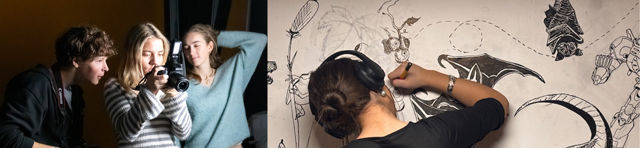 en gruppe mennesker som sitter og står foran en vegg med kunst