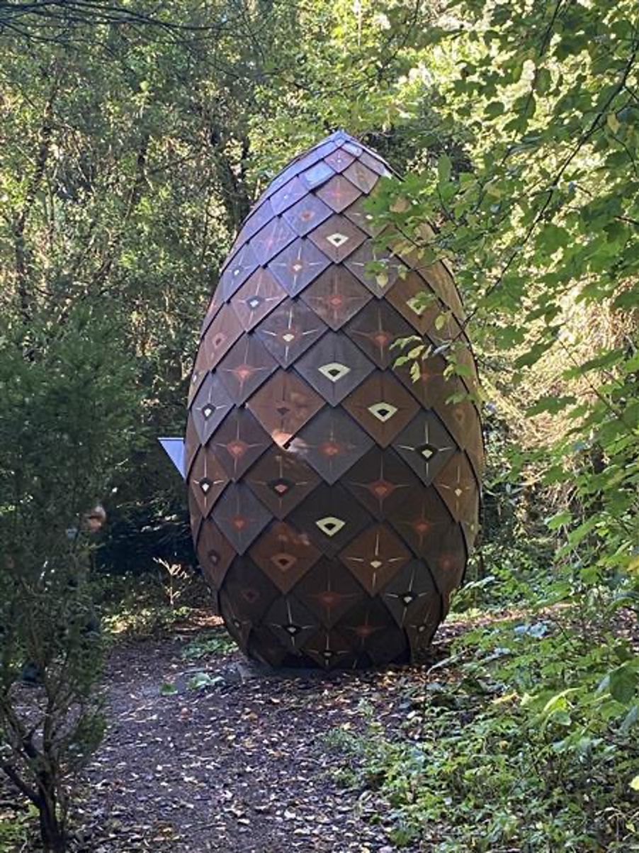 en stor brun og svart gjenstand med et design på omgitt av trær